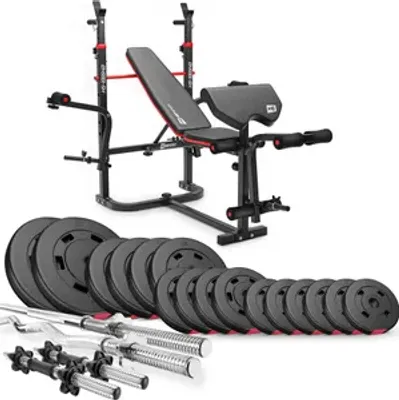 Produktbild von Hop-Sport Hantelbank HS-1065 + Curlpult - inkl. 75 KG Hantelset: Lang-, Curl- & Kurzhantelstange, Gewichte/Hantelscheiben
