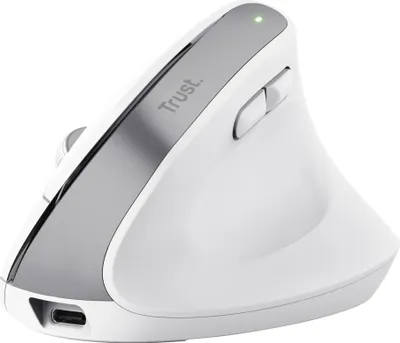 Produktbild von Trust Bayo+ Wiederaufladbare Vertikale Maus Bluetooth + RF 2.4GHz, Vorbeugung Gegen Mausarm/Tennisarm (RSI Syndrom), 70% Recyclingkunststoff, Kabellose Ergonomische Maus PC, Laptop, Mac - Weiß