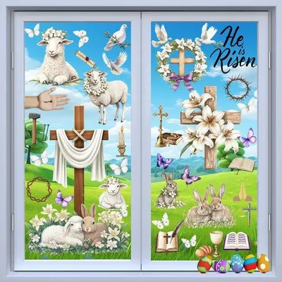 Immagine prodotto di Decorazioni pasquali in PVC, autoadesive, a 9 fogli, riutilizzabili, con croce e coniglietti