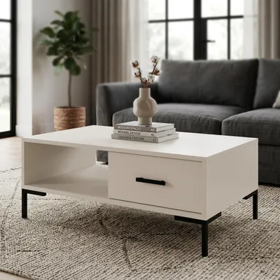 Produktbild von BEAUTYSOFA | Couchtisch SELENA 100 cm Kaschmir mit Schublade und offenem Fach – Moderner Sofatisch mit Metallbeinen, Selbstschließend, Wohnzimmer