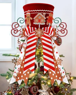 Image de TRANKIELO® - Décoration pour sommet de sapin de Noël, 25 cm - Chapeau rouge orné de motifs de pain d'épices et de rubans - Fabriquée en feutre durable et décorée de soie