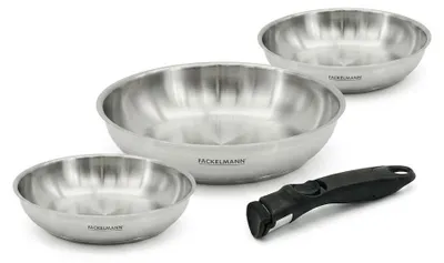 Image de Lot de 3 poêles en inox 20 24 et 28 cm avec manche amovible Fackelmann InoGrip