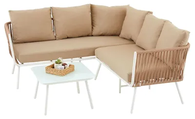 Produktbild von Gartenlounge JAKARTA, weiß/beige - Outdoor Ecksofa mit Dreisitzer, Zweisitzer und Beistelltisch, robustes Metallgestell, wasserabweisende Kissen, für Terrasse und Balkon, L-förmige Sitzlandschaft