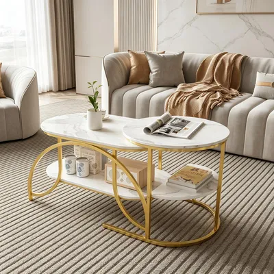 Productafbeelding van INONEFT Salontafel set van 2, moderne salontafel met marmerlook, salontafel met marmerlook en metalen frame, bijzettafel met opbergruimte, goud+wit