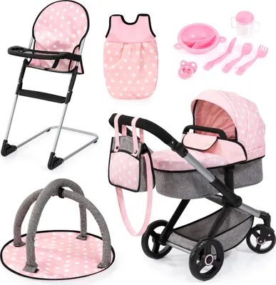 Produktbild von Bayer Design 17030AB Puppenwagen Xeo, verstellbarer Griff, Schwenkschieber, wandelbar als Jogger, Schlafsack, Hochstuhl, Spielbogen, Puppenzubehör