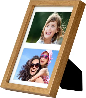 A wooden photo frame with two pictures of people.