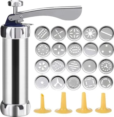 Produktbild von Cookie Press Aus Aluminium Kekspresse-Set, Keksmaschine Gebäckpresse mit 20 Aufsätzen für dünnen Teig, Edelstahl, Silber