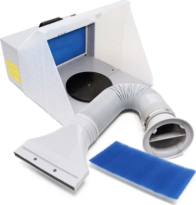 Produktbild von Wiltec Komplett Set Airbrush Absauganlage 4 m³/min, nur 47 dB, zur Absaugung von Farbe Farbnebel Sprühnebel, Filter erweiterbar, mit Abluft und Ersatzfilter, Lackierkabine für Airbrush-Arbeiten