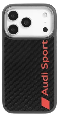 A close-up view of an Audi R8 carbon fiber phone case.