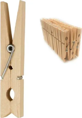 A single wooden clothespin is shown on the left, and a stack of wooden clothespins is shown on the right.
