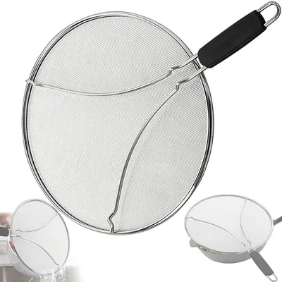 Produktbild von Spritzschutz Pfanne 33cm, Edelstahl perforiert, spülmaschinenfest, Griff – gegen Fettspritzer & als Sieb nutzbar