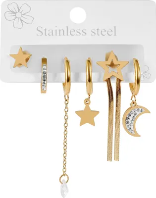 Produktbild von Akzent Ohrringe aus Edelstahl, Design: Stern & Mond, 3er Set mit 2 x Creolen und 1x Ohrstecker