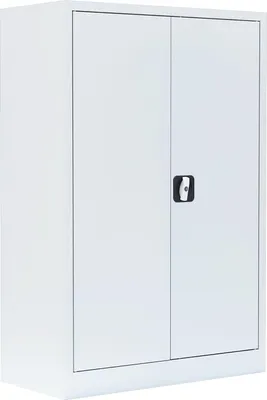 A white metal filing cabinet with two doors and a black handle.