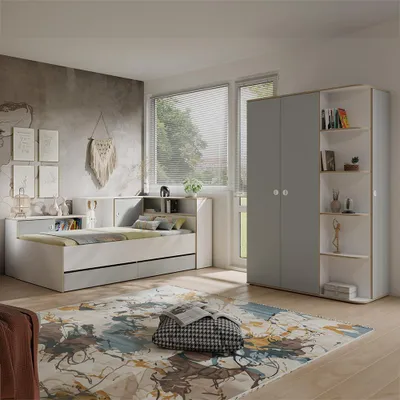 Produktbild von Jugendzimmer Bett 90x200 cm Liegefläche in Grau mit Weiß, inkl. Kleiderschrank, 2-teilig - POZZALLO-166, KI-generiertes Bild