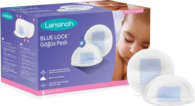 A box of Lansinoh breast pads with a baby's face in the background.