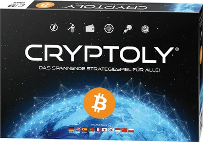 The image shows the front of a board game box with a dark, starry background and a depiction of the Earth with a network overlay. The game's title and various icons related to cryptocurrency are prominently displayed.