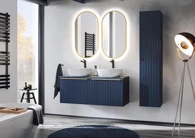 Zdjęcie produktu dla Zestaw Łazienkowy 120 Cm 2 Umywalki Szafka Wysoka Lustra Led