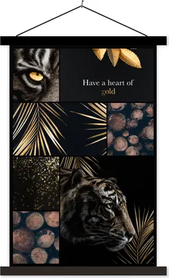 Produktbild von MuchoWow® Textilposter Tiger - Collage - Schwarz - Gold 40x60 cm mit schwarzem Rahmen - Wanddekorationen