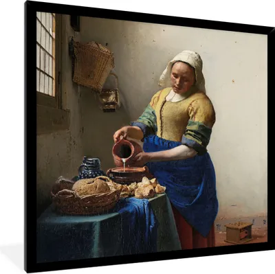 Produktbild von MuchoWow® Gerahmtes Poster Das Milchmädchen - Gemälde von Johannes Vermeer 40x40 cm - Poster mit Schwarzem Bilderrahmen Wandposter Rahmen Foto Bilder - Mit Rahmen - Wanddekoration Schlafzimmer