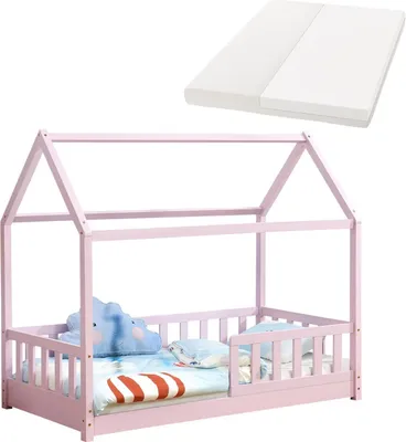 Produktbild von Juskys Kinderbett Marli 80 x 160 cm mit Matratze, Lattenrost & Dach - Holz Rosa