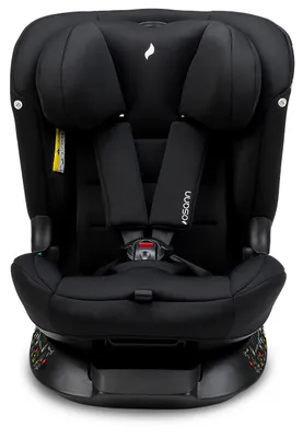 A black car seat is shown from the front against a white background.