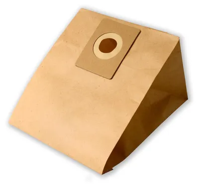 A single brown paper vacuum cleaner bag is displayed on a white background, tilted slightly.