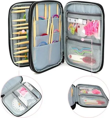 Produktbild von Famanu Rundstricknadelset 60 cm - 18 Paar Bambusnadeln von 2 mm bis 12 mm mit bunten Zubehör