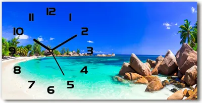 Produktbild von Wanduhr aus Glas – 60x30 cm - Glasbild - Glasuhr - Gehärtetes Glas - schwarze-zeiger - Seychellen-Strand