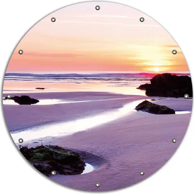 Produktbild von Wallario rundes Outdoor-Poster für Garten oder Balkon, Motiv Sonnenuntergang am einsamen Strand, 90 cm Durchmesser