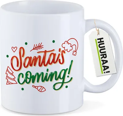 Produktbild von Huuraa Kaffeetasse Santa is Coming Schriftzug 330ml Weiß Keramik Kaffeebecher Geschenkidee