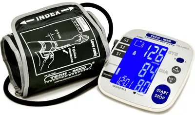 A digital blood pressure monitor and its cuff are displayed on a white background.