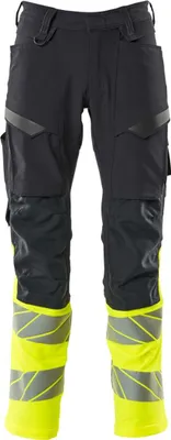 A pair of black and yellow work pants with reflective strips.