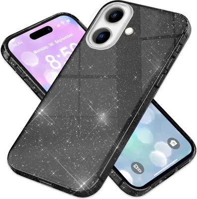 Two smartphone cases are shown, one partially covering the other, with a glittery black finish.