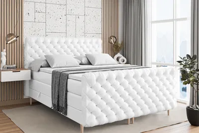 Produktbild von ALTDECOR Boxspringbett mit Holz Füßen, Matratze und Lattenrost, Topper, Fußteil, Polsterbett mit Bettkasten, Bett mit Stauraum H3- und H4- Matratze -BOXI8-FD-Z KING-140x200 - Weiß Kunstleder