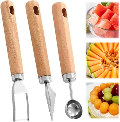 Produktbild von 3-teiliges Fruchtschnitzwerkzeug Set mit Melonenlöffel, Kugelausstecher und Obstschnitzmesser