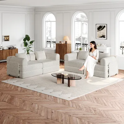 Produktbild von [Patentiertes Design] Chenille-Schlafsofa 2-in-1 mit Staufach in der Armlehne, drei Metallrahmen & mehreren Konfigurationsmöglichkeiten, hellgrau