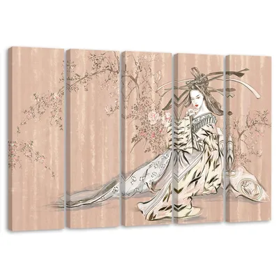 Produktbild von 5-teiliges leinwandbild traditionelle japanische geisha 150x100 cm Feeby orange wandbild bereit zum aufhängen