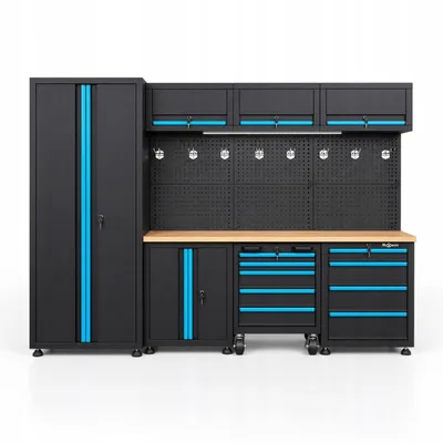 Produktbild von Werkstattmöbel Set HEXWELT HW-MW-158 260 cm mit Werkbank, Werkzeugschränken, Lochwand und LED Beleuchtung