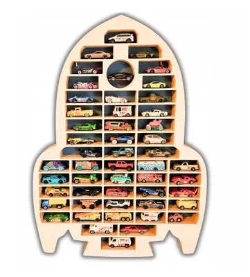 Produktbild von Wandregal für Spielzeugautos Hot Wheels Parking Autoregal Sammlervitrine Holz Rakete