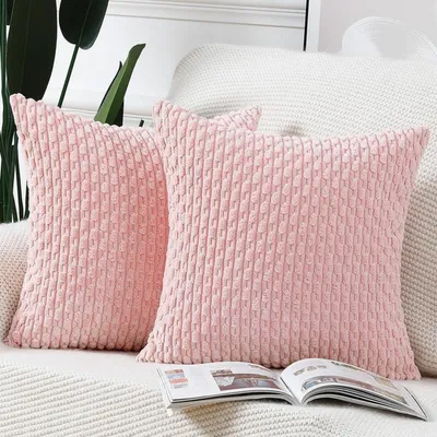 Immagine prodotto di Set di 2 federe decorative, stile bohémien, a righe, in morbido cotone, color rosa chiaro, 60 x 60 cm