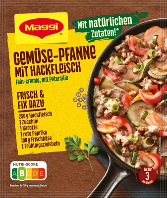 Produktbild von Maggi Fix fuer Gemuese Pfanne mit Hackfleisch mild wuerzig 37g