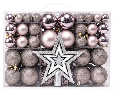 100er Set Weihnachtskugeln in Champagner, 3-6 cm, mit Stern-Baumtopper