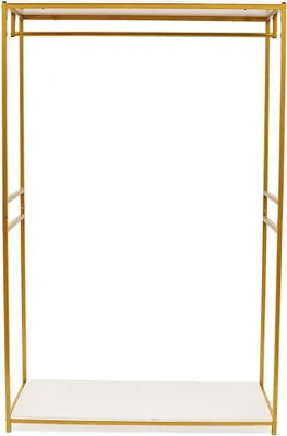 A gold metal garment rack with a white base.