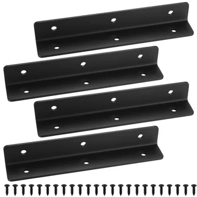 Immagine prodotto di 4 staffe angolari in metallo nero per legno, ideali per giardini, per riparazioni e per collegare mensole di mobili