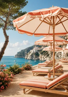Immagine prodotto di Poster Mediterraneo formato DIN A2 - Ombrelloni da spiaggia con lettini e vista sul mare, finitura opaca