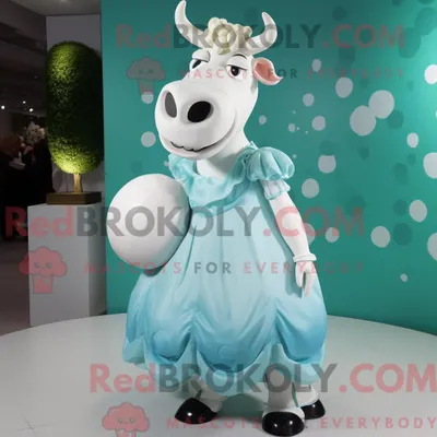 Produktbild von Maskottchen REDBROKOLY einer cyanfarbenen Hereford-Kuh mit Ballkleid und Rucksäcken