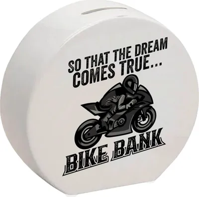 Produktbild von Bike Bank Spardose mit Spruch und Motorrad in schwarz
