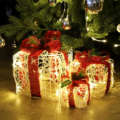Image de SALCAR Set de 3 LEDs d'illumination de Noël Boîte cadeau Guirlande lumineuse de Noël avec ruban, Décoration illuminée pour l'intérieur avec 8 modes, blanc chaud