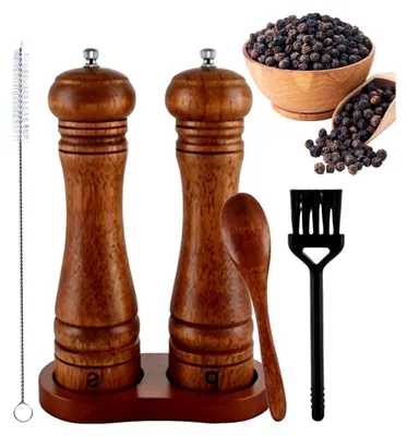 Produktbild von Salz- und Pfeffermühlen-Set aus Holz, 22 cm, mit Löffel und Reinigungsbürste, wiederaufladbar