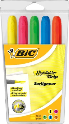 Image de Surligneur BIC "Highlighter Grip" pointe biseautée étui de 5 pièces